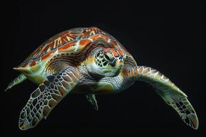 A green turtle swimming in the dark photo
