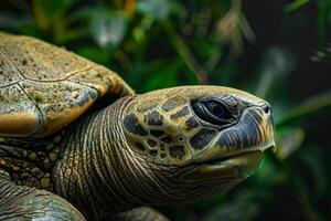 A close up of a turtle with its head turned to the side photo