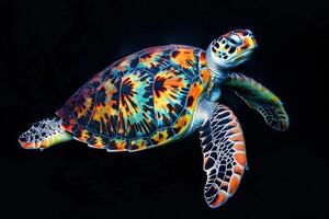 A green sea turtle is shown in the dark photo