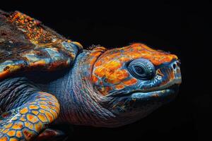 A close up of a turtle with orange and blue spots photo