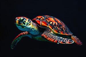 A green sea turtle swimming in the dark photo