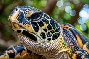 A close up of a turtle with a green background photo