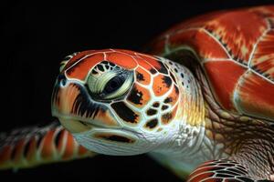 A close up of a red and white turtle photo