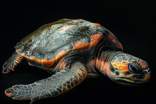 A turtle with orange and black markings on its shell photo