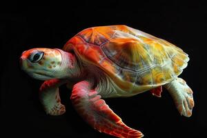 A turtle is shown in the dark with a bright light photo