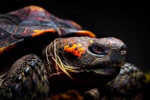 A close up of a turtle with a red and black face photo