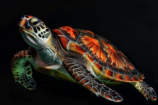 A turtle is shown in a black background photo