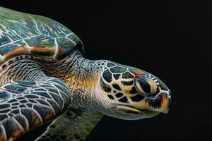 A close up of a green turtle with a black background photo