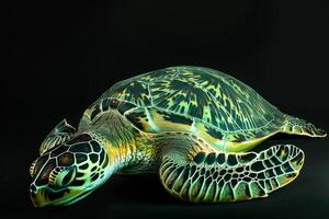 A green turtle is shown on a black background photo