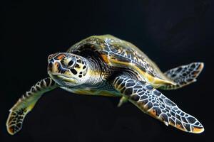 A green turtle swimming in the dark photo