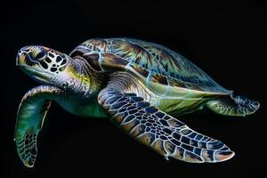 A green turtle swimming in the dark photo