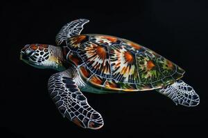A green turtle with orange and black markings swimming in the ocean photo