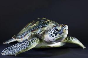 A green sea turtle on a black background photo