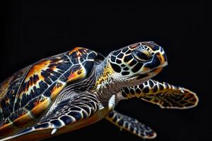 A green turtle is swimming in the dark photo