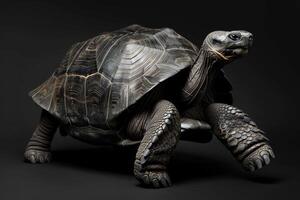 A large tortoise is shown on a black background photo