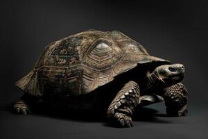 A large tortoise is shown in a dark room photo