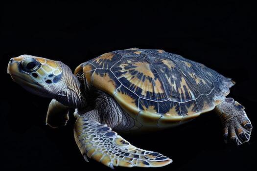 A turtle is shown in the dark photo