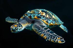 A green sea turtle swimming in the dark photo