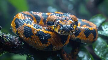 A close up of a snake with black and orange markings photo