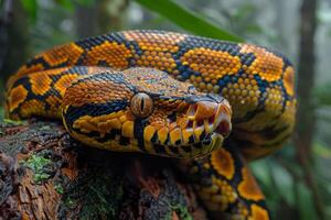 A close up of a snake with its head on a tree photo