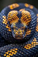 A close up of a snake with black and yellow spots photo