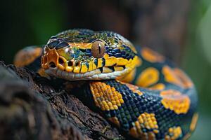 A close up of a colorful snake on a tree branch photo