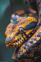 A close up of a snake's head with its eyes open photo