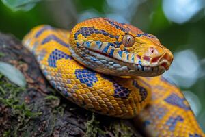 A close up of a snake with bright colors photo