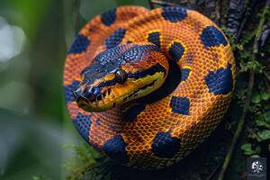 A snake with a colorful pattern on its body photo