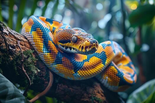 A colorful snake is sitting on a branch photo