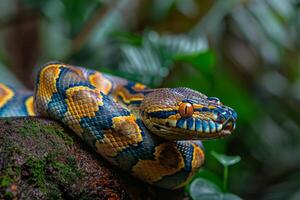 A colorful snake with yellow and blue stripes photo