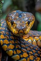 A close up of a snake with black and yellow stripes photo