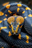 A close up of a snake with black and yellow spots photo