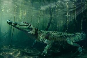 An alligator is swimming in the water photo