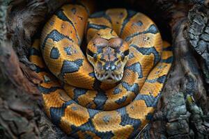 A snake is curled up in a tree photo