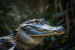 A close up of a fake alligator head photo
