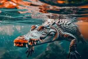 An alligator swimming in the water photo