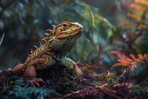 An iguana is sitting on top of a moss covered plant photo