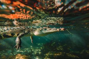 A crocodile swimming in the water photo