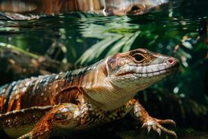 A large lizard swimming in water with leaves and plants photo