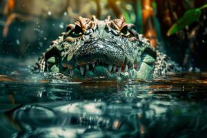 A large alligator is swimming in the water photo