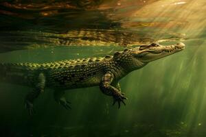 A large alligator swimming in the water photo