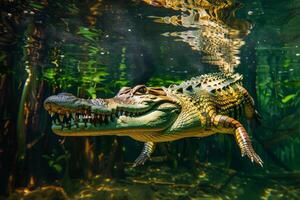 An alligator swimming in the water photo