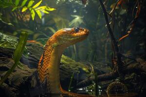 An orange snake is in the water in the jungle photo