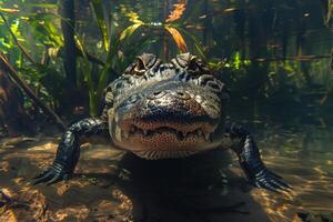 An alligator is swimming in the water photo