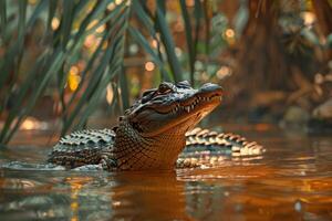 A large alligator is floating in the water photo