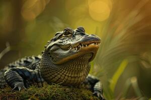 An alligator is sitting on a moss covered rock photo