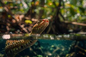 A snake swimming in the water photo