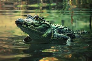 A large alligator swimming in the water photo