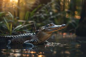 An alligator is sitting in the water photo
